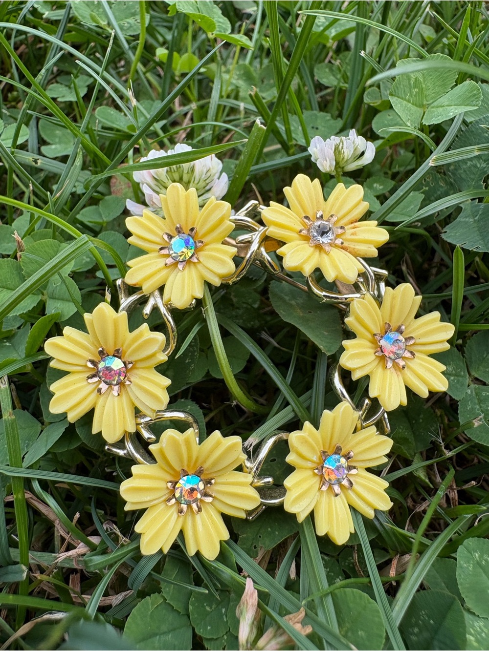 Yellow Flower Cluster Wreath Brooch with Crystal Centers vintage